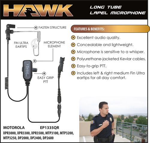 Hawk EP1335 / EP1335QR Long Tube Lapel Microphone, Motorola