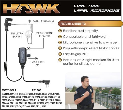 Hawk EP1303 / EP1303QR Long Tube Lapel Microphone, Motorola - Click Image to Close