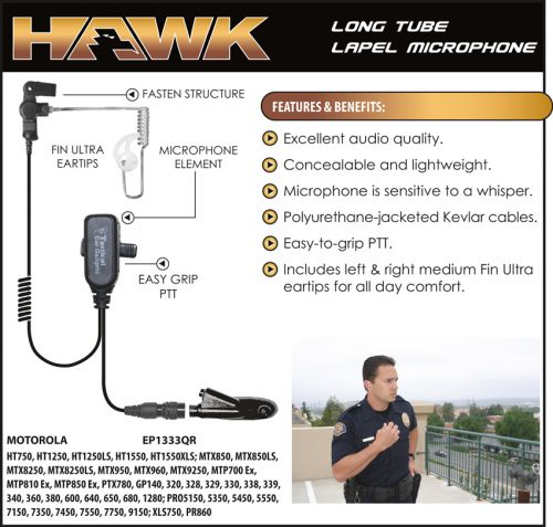 Hawk EP1333 / EP1333QR Long Tube Lapel Microphone, Motorola - Click Image to Close